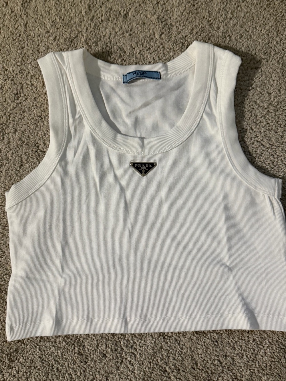 Prada Cream Ribbed Logo Crop Tank - Picture 3 of 5